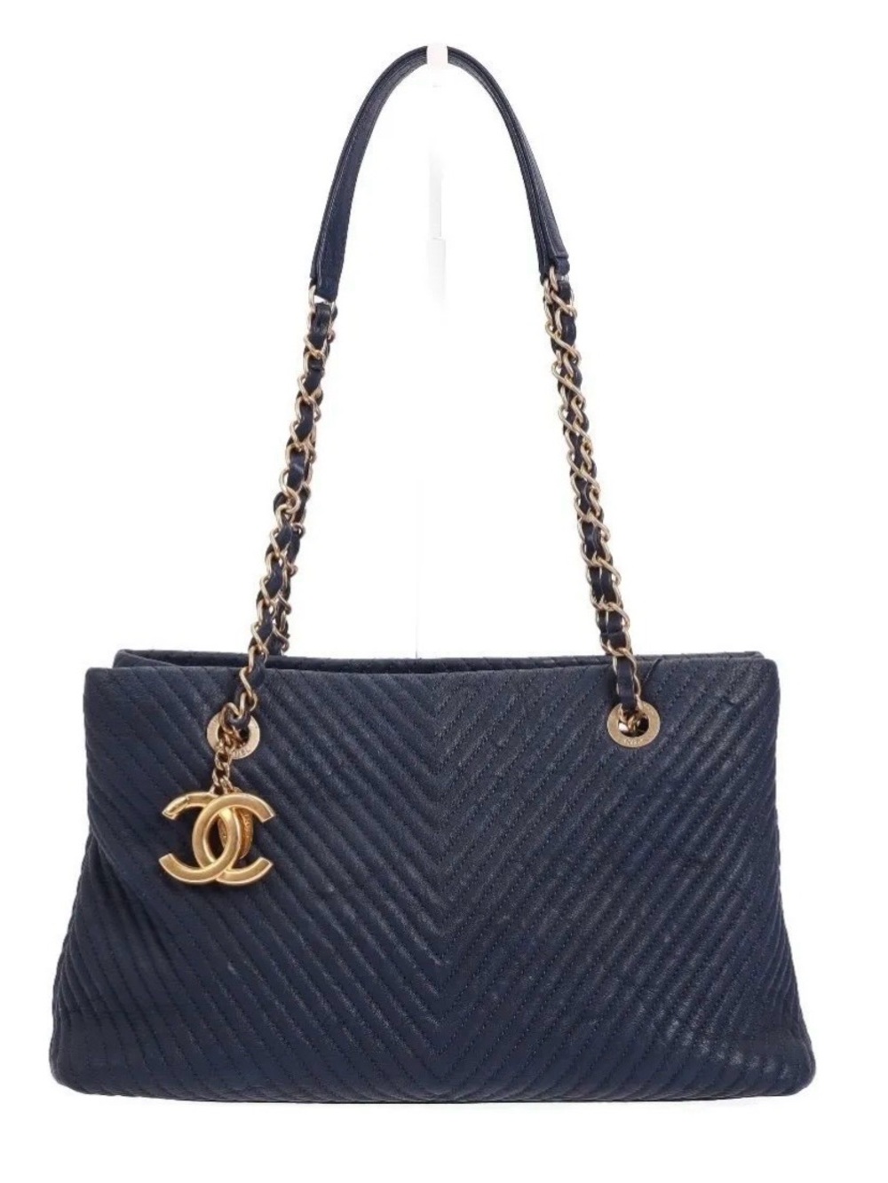 Chanel Chevron Shoulder Bag Navy Blue